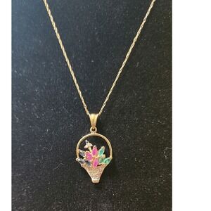 Flower Basket Bouquet Pendant 14k Gold Sapphire Ruby‎ Emerald Diamond